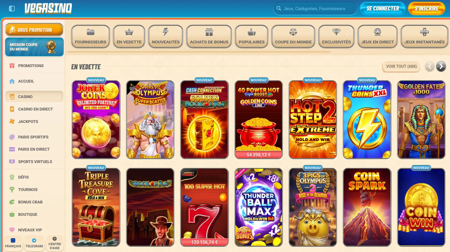 Jeux disponibles sur Vegasino casino en ligne